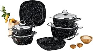 طقم حلل سافلون Saflon Granite Cookware Set 10 قطع – شكل مربع، جرانيت أصلي، يد ستيل ستانلس ستيل